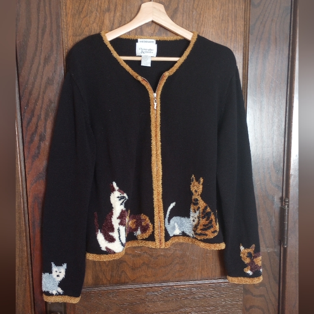Vintage Hand Embroidered Cat Zip Cardigan "Cat Lady" Sweater